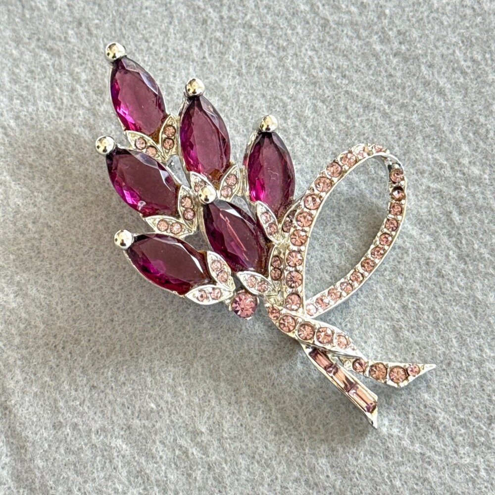 Pell Brooch Purple Marquise Stones Silver Tone Pink Rhinestones Floral Open Back